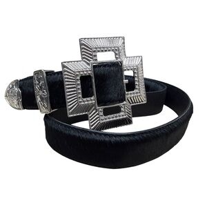 Black Leather Calf Hair Belt with Silver Cross Buckle Floral Detail